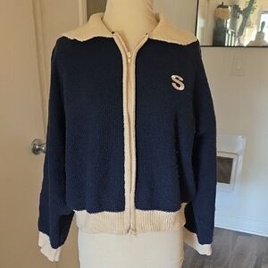 Vintage-inspired Navy and Cream Zip-Up Sweater With S Initial Size XL